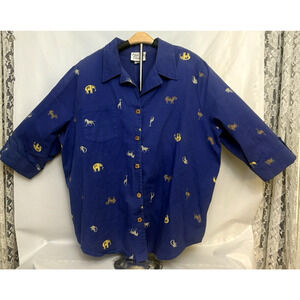 Vtg Copa Cabana African Safari Animals Women Blue Top Bottom Up Sz 2X